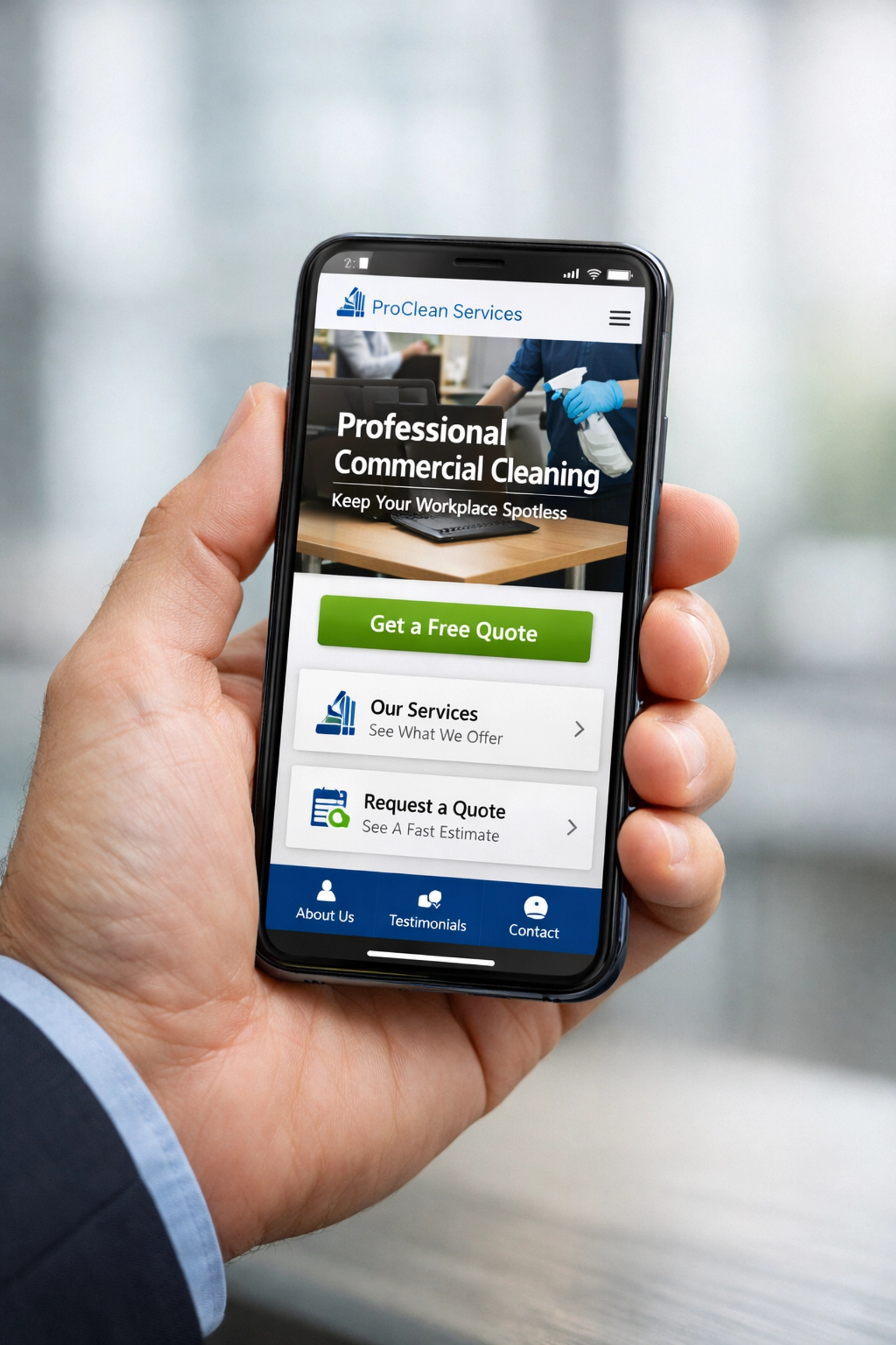 Mobile-responsive commercial cleaning website displayed on smartphone in professional office setting