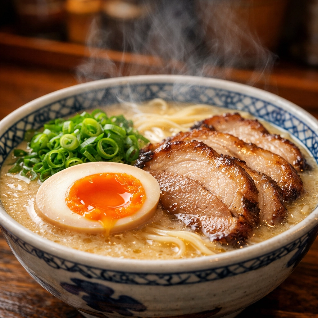 Authentic Tonkotsu ramen with chashu pork at a Shinjuku noodle bar, perfect for food photography in Tokyo.
