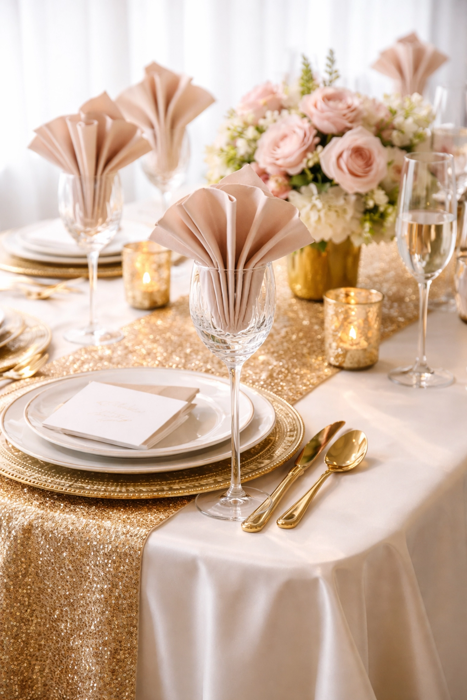 Close-up of a formal gala table with premium linens, gold chargers, and elegantly folded napkins