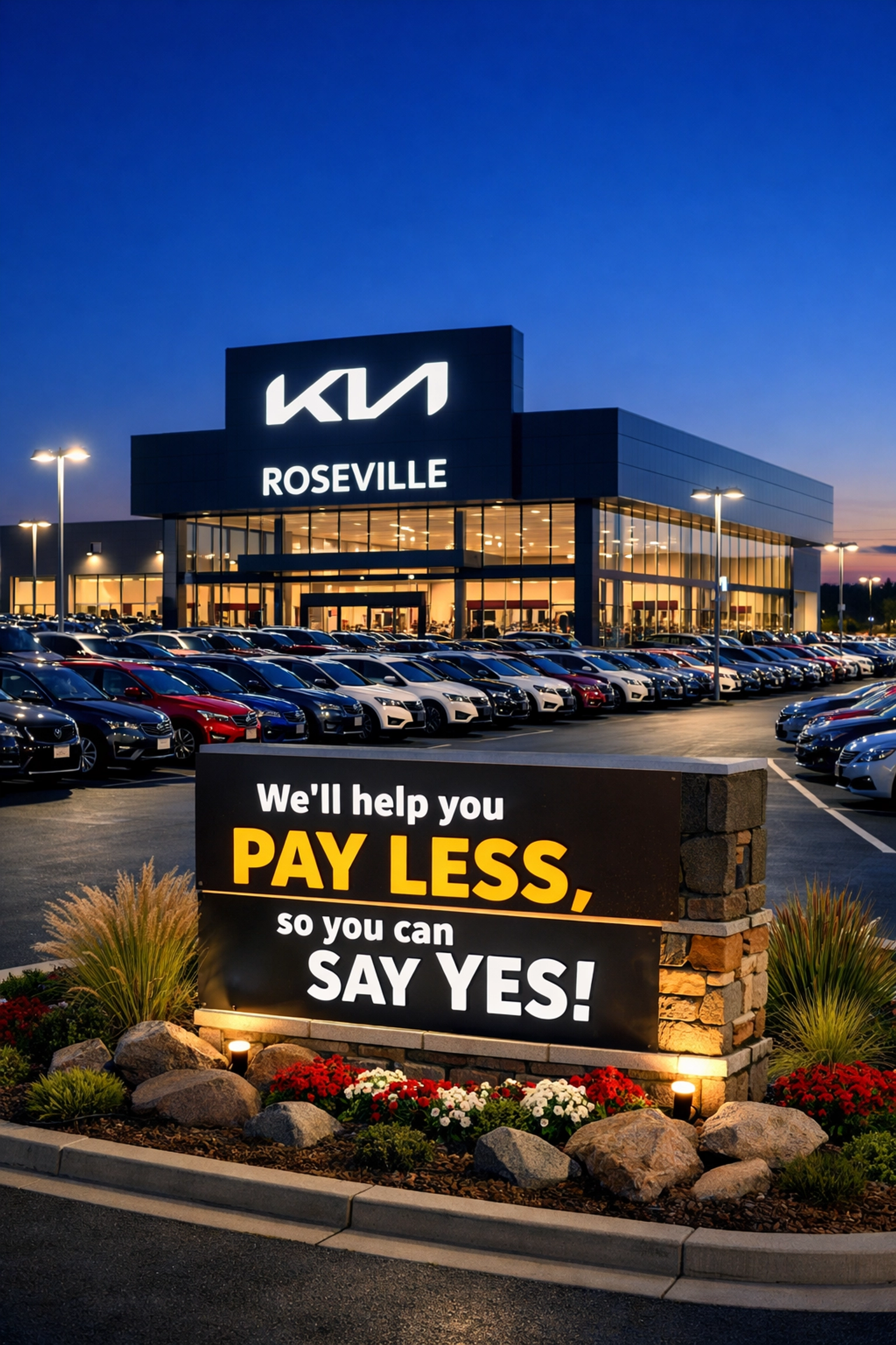 Exterior view of Roseville Kia dealership storefront at dusk serving Folsom and Elk Grove customers.