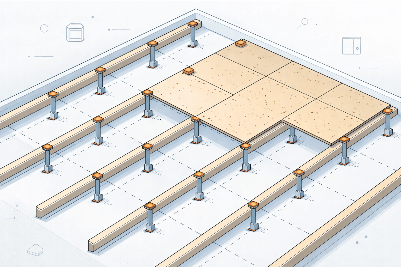 Bird's eye view of loft legs and chipboard layout for secure storage above insulation