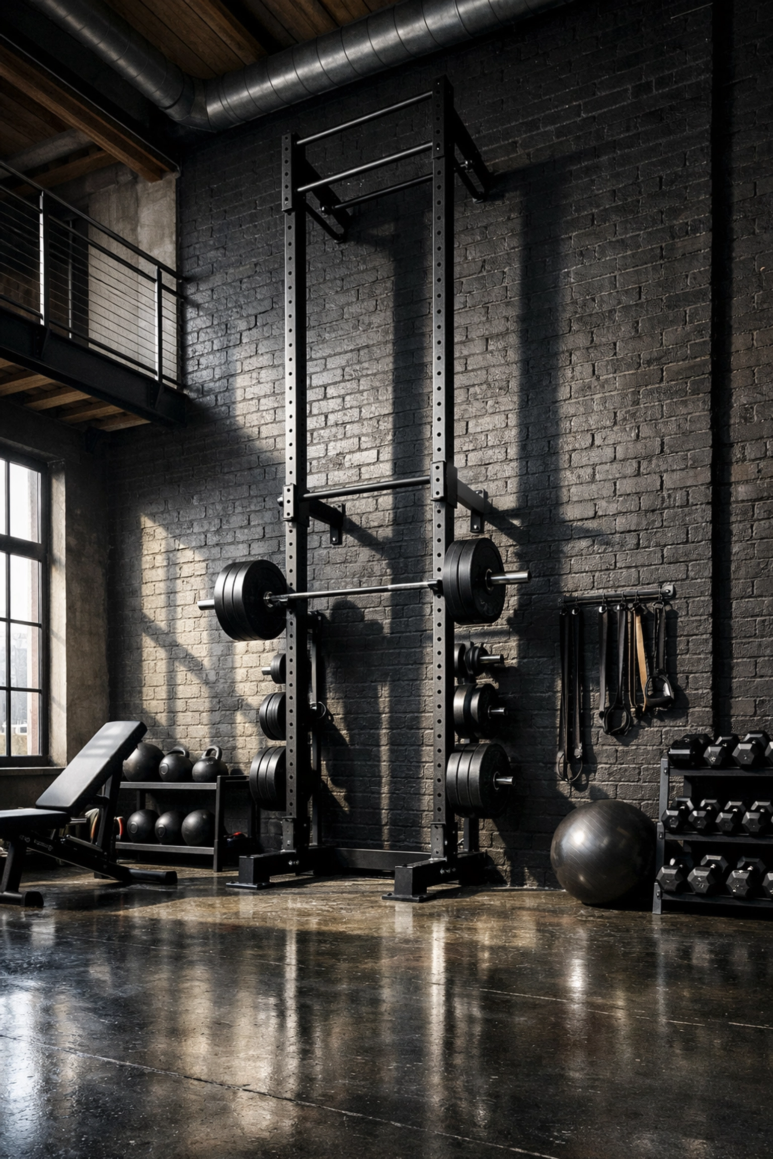 Modern floor to ceiling gym rail setup in an industrial loft for bodyweight training at home.