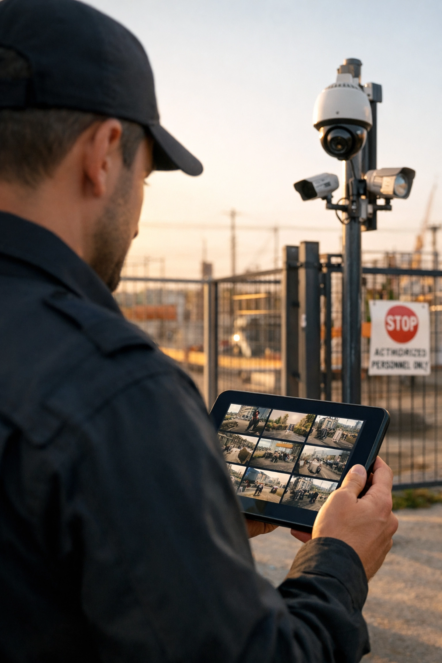Security guard using a tablet to monitor CCTV feeds, illustrating a hybrid site security strategy.
