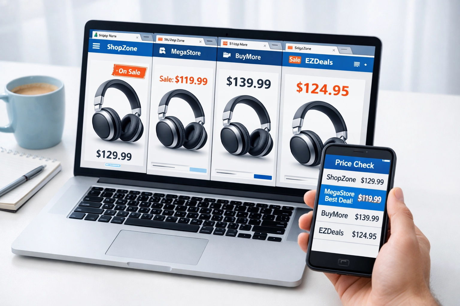 Shopper comparing prices across multiple retailer websites on laptop and phone to find best online deals