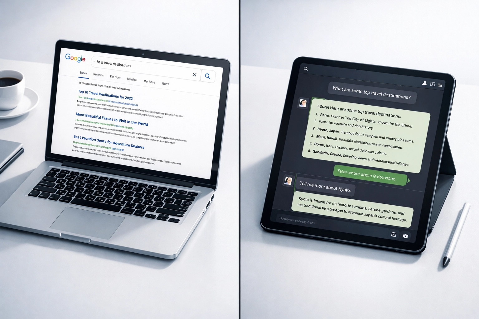 Google Search vs ChatGPT comparison showing different user engagement on laptop and tablet