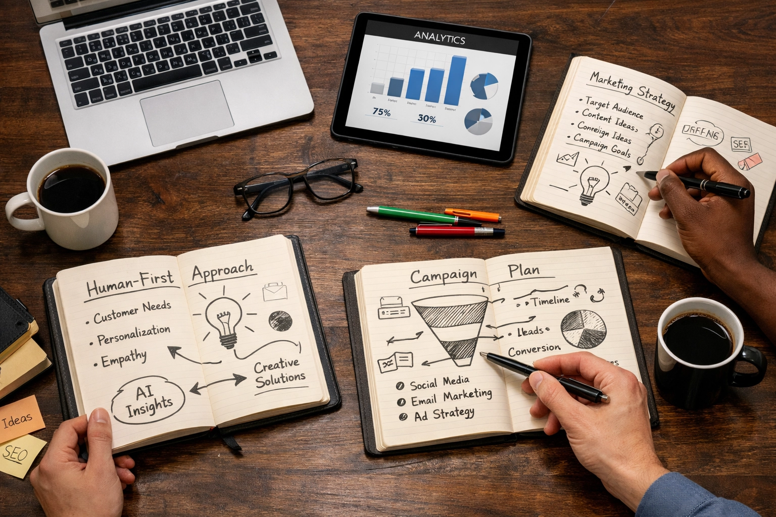 Digital marketing team using human-first AI strategy and data analysis to create relevant content for social search.