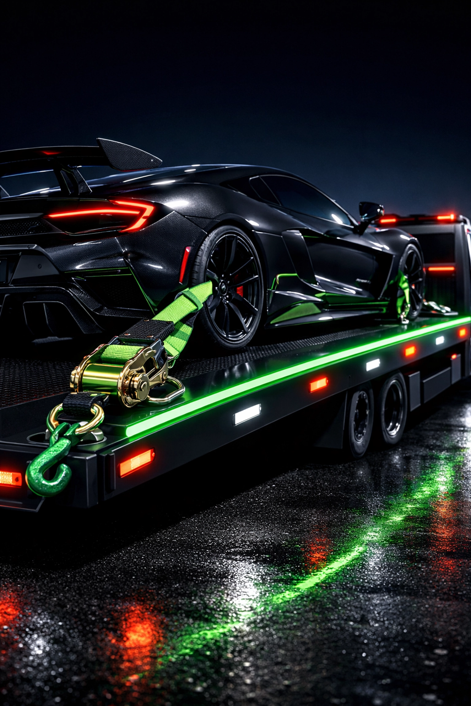 Secure flatbed towing for luxury sports car transport in Columbia Missouri at night.