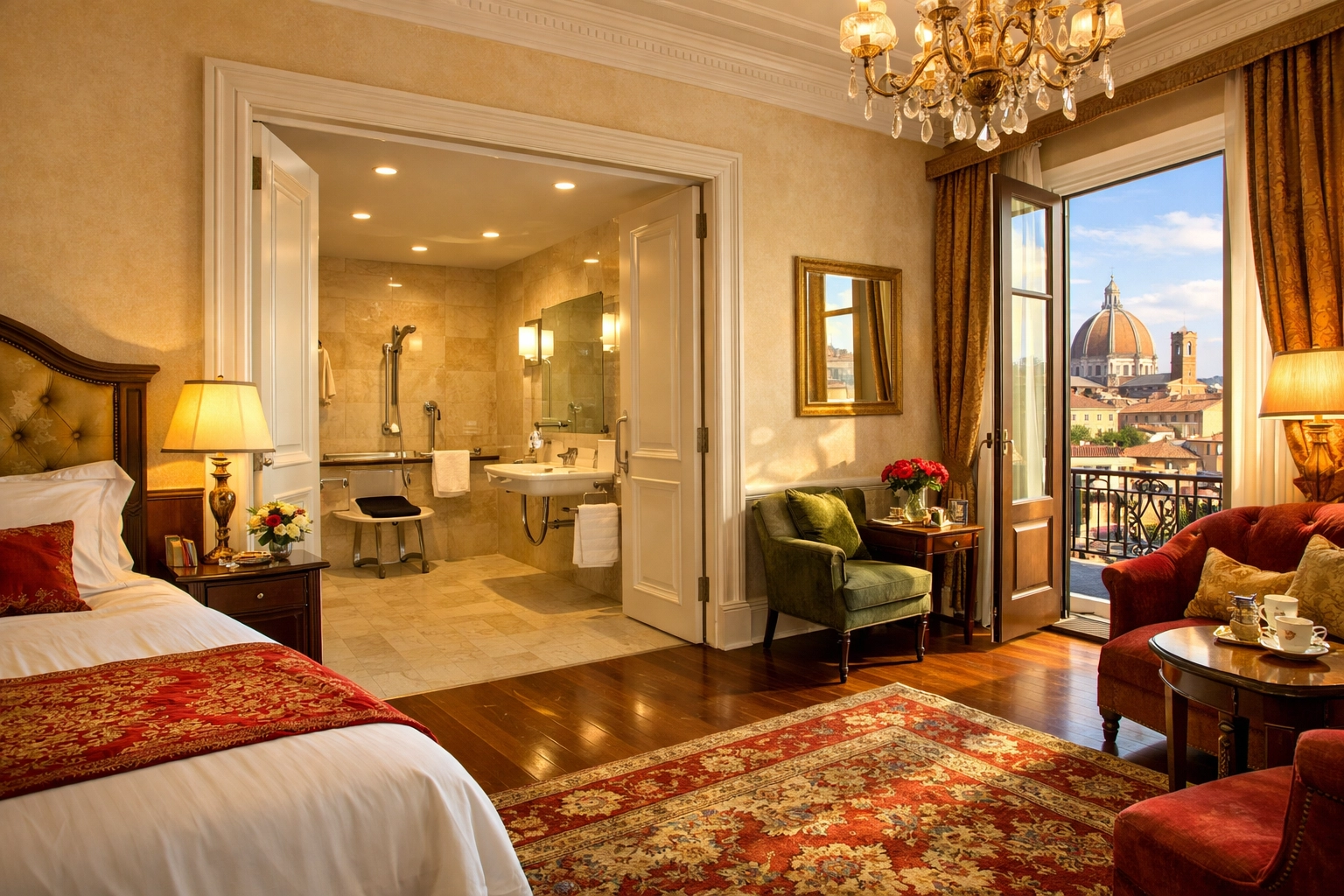 Luxury accessible European hotel suite with wide doorways and modern amenities