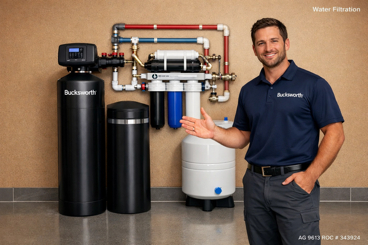 Professional whole-home water filtration and reverse osmosis system installed by Bucksworth in a Laveen home.