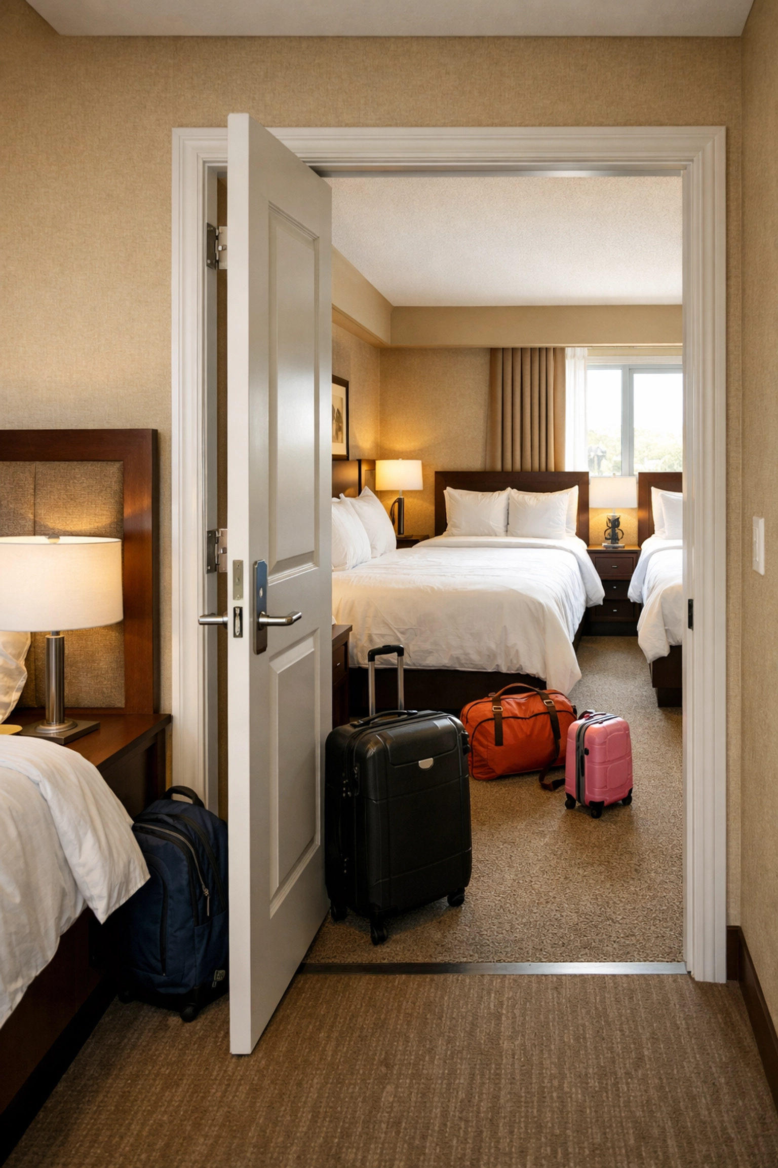 Two connecting hotel rooms in NYC with interior door open between king and queen bedrooms