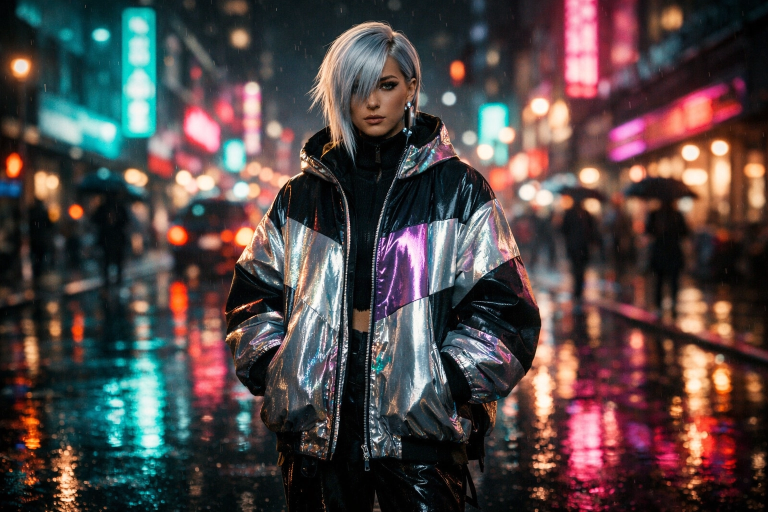 A virtual artist in futuristic streetwear standing in a neon-lit city street at night.