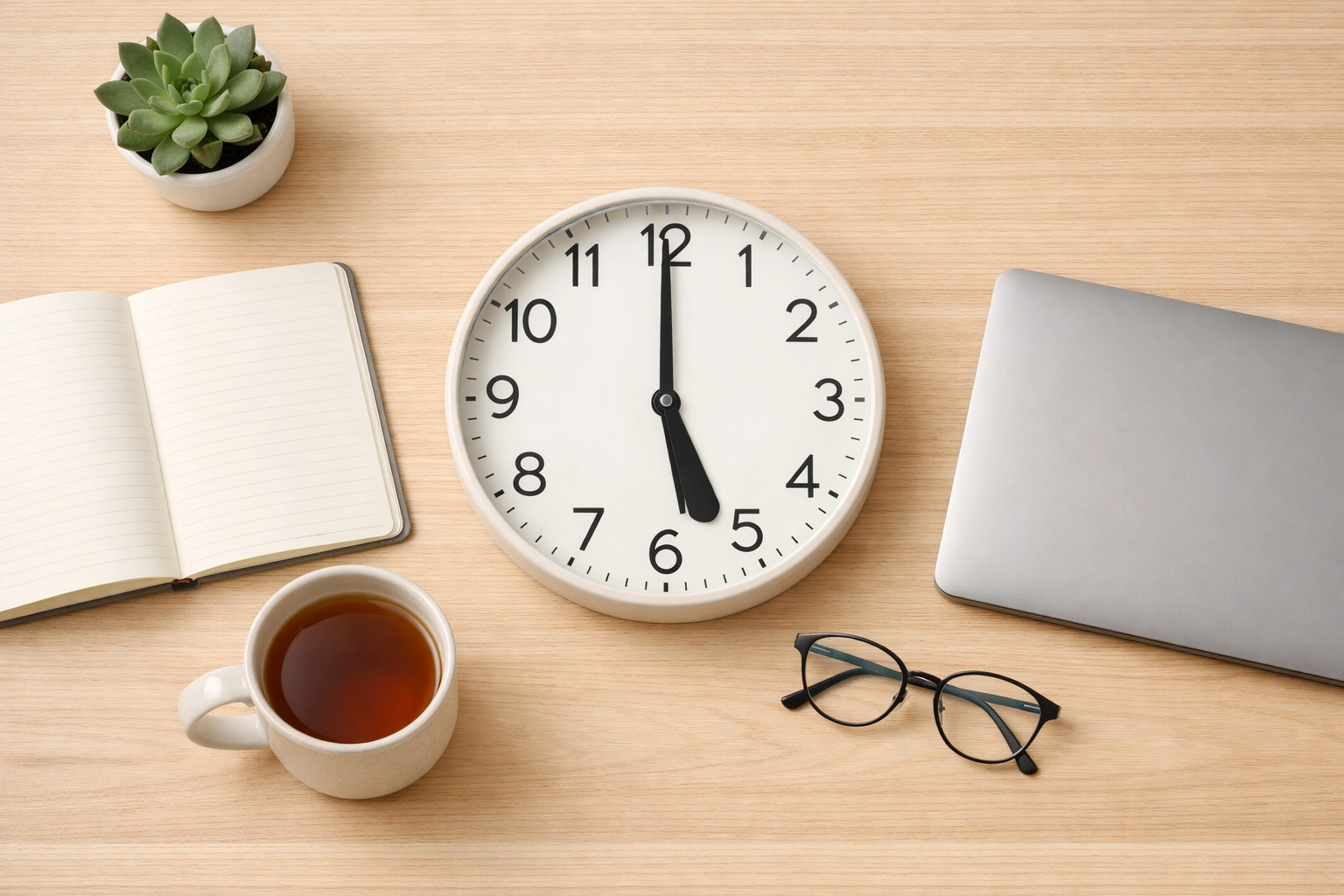Clock showing 5 PM with peaceful news consumption routine setup including tea and notebook