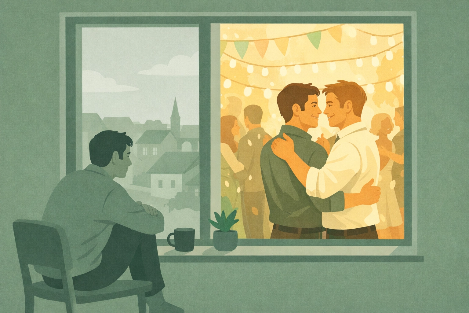 Lonely gay man at window with reflection showing vibrant dream of dancing with male partner