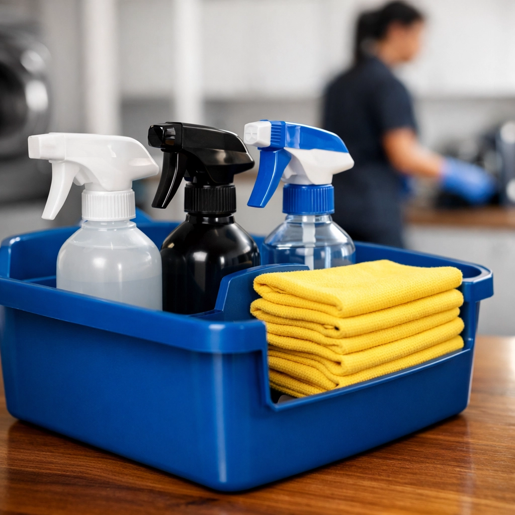 Organized cleaning supplies used by the best house cleaning services MA for efficient home care.