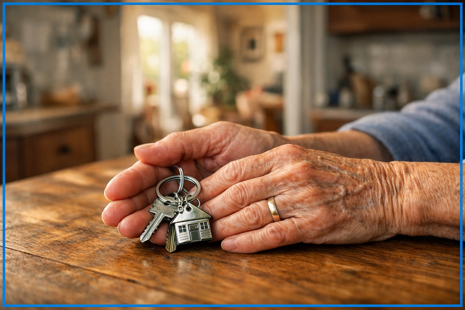 Elderly hands holding house keys symbolizing independence and control over their Los Angeles home Elderly hands holding house keys symbolizing independence and control over their Los Angeles home