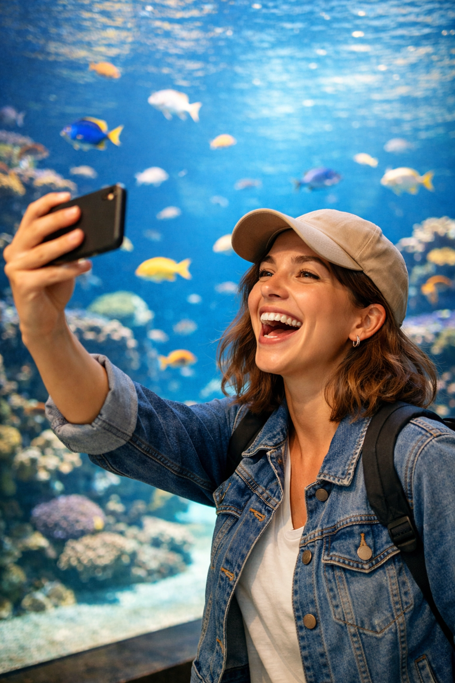 Visitor taking selfie at aquarium tank demonstrating zoo photo engagement strategy