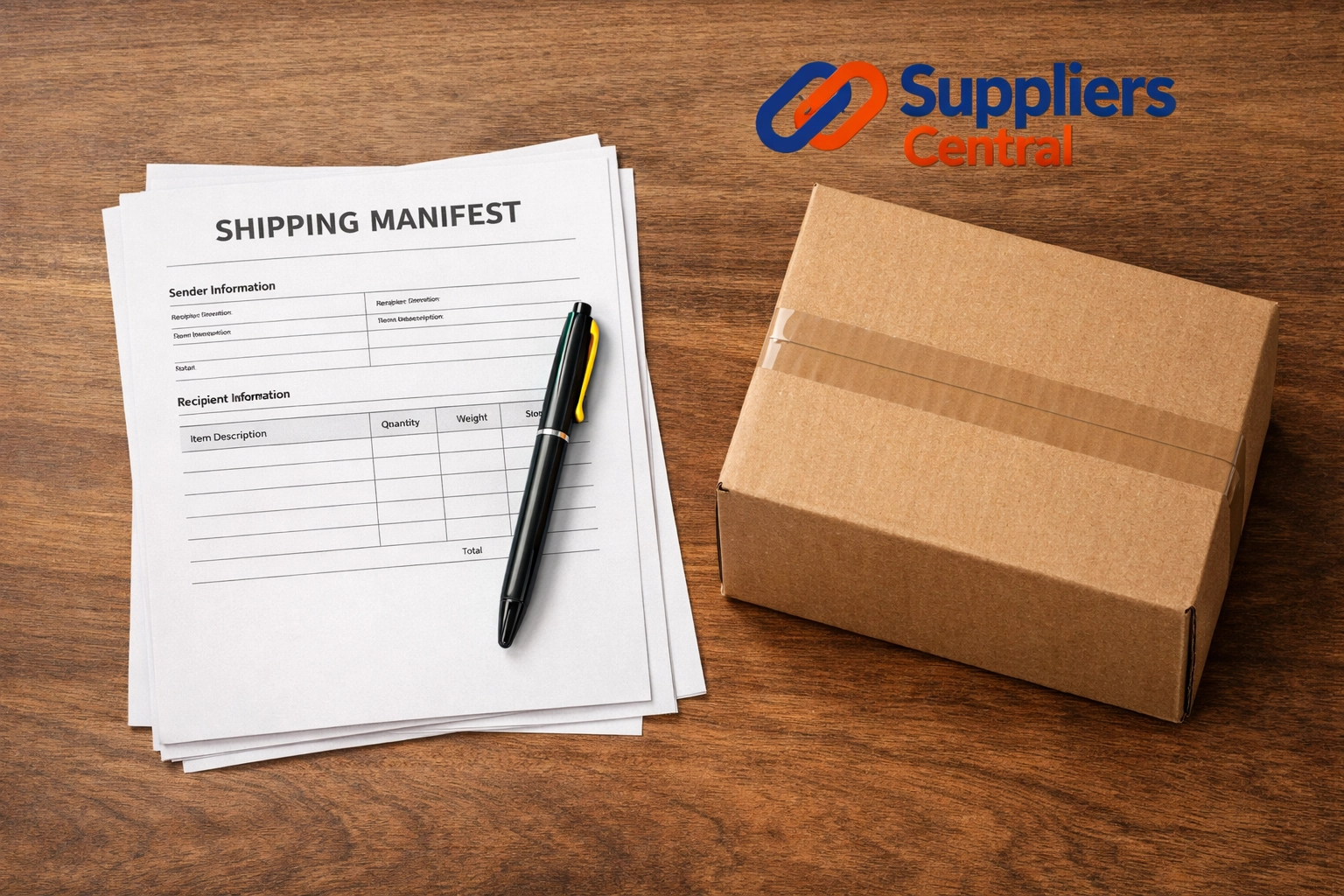 Shipping manifest and box on a desk representing profit-focused wholesale sourcing.