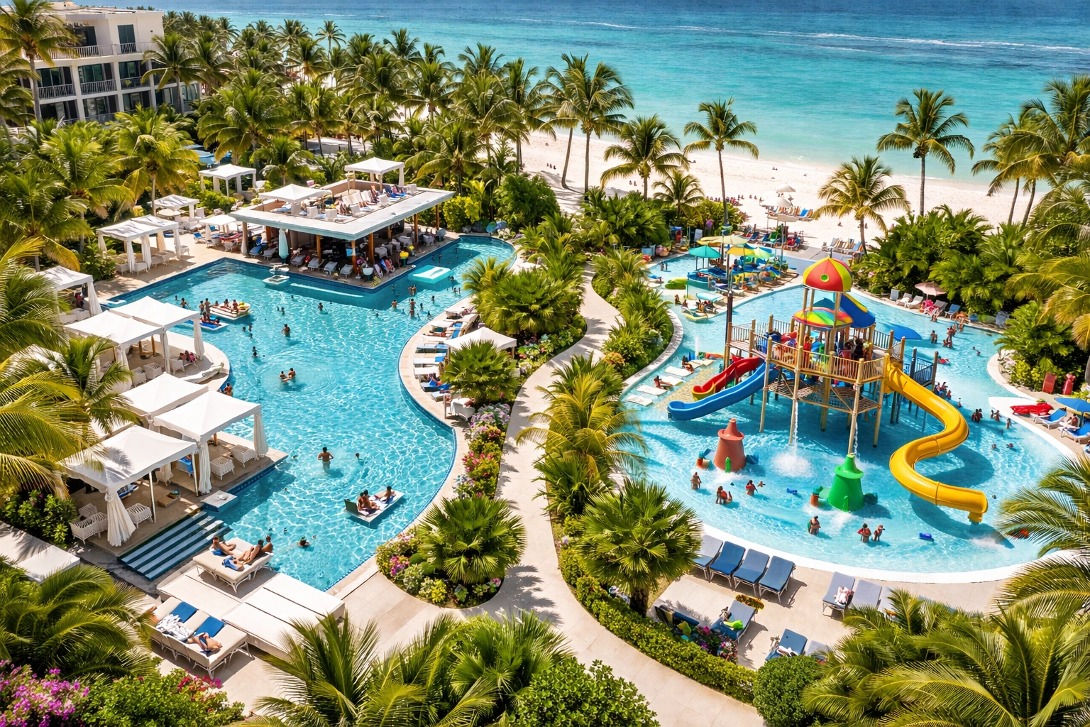 Aerial view of Caribbean resort featuring both adults-only and family-friendly sections with pools and beach