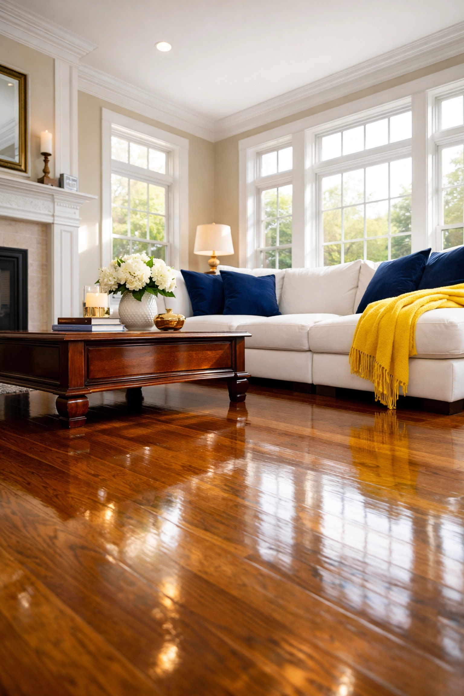 Clean living room with polished hardwood floors in a Natick colonial home.