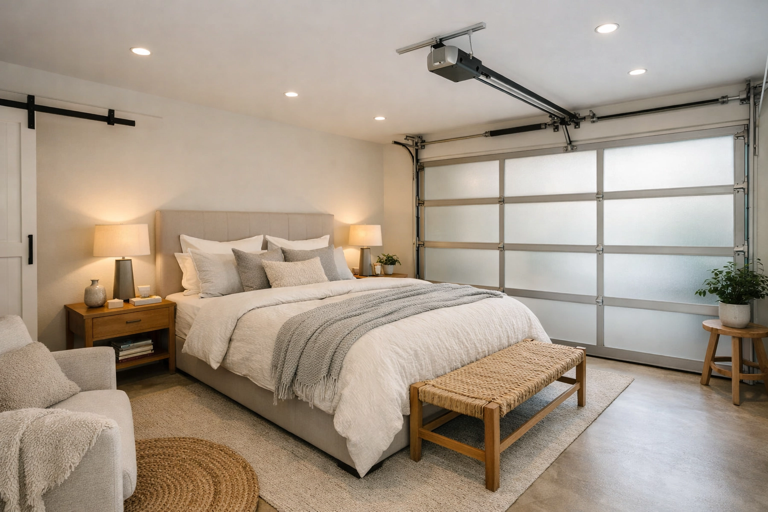 Luxury guest bedroom in a converted garage, demonstrating how a conversion adds value to a Hinckley home.