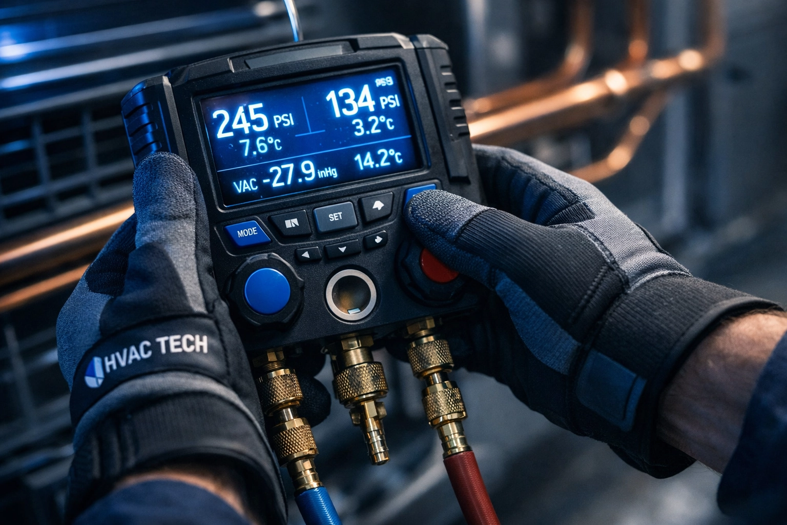 Professional HVAC technician calibrating a new AC system with advanced sensors and safety protocols.