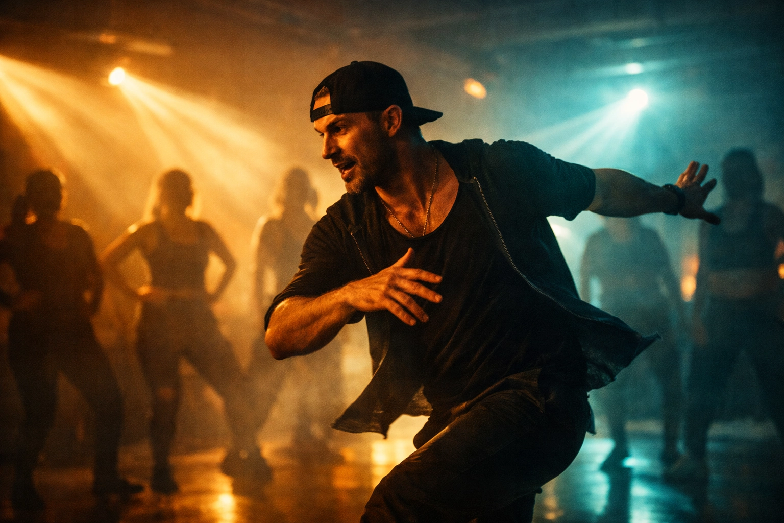 Professional dance instructor teaching class in well-lit studio with engaged students