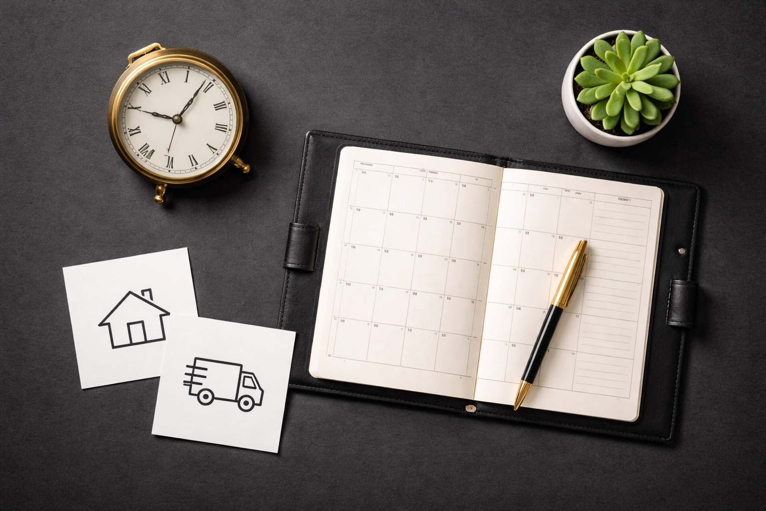Flat-lay of planner, clock, and moving icons, illustrating downsizing planning and timeline for Worthington estate transitions