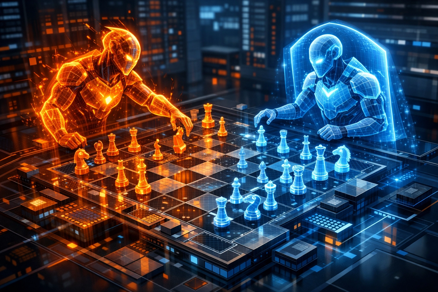 Agentic AI entities visualizing offensive cyber attacks versus defensive security monitoring.