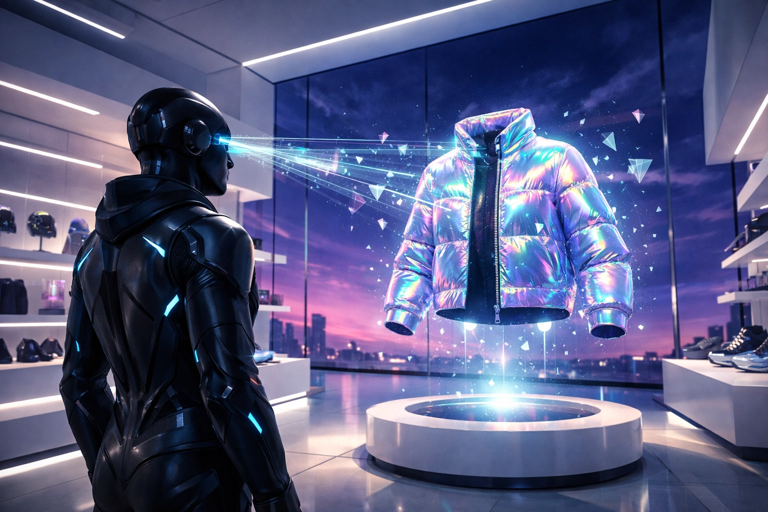 Avatar in a Metaverse boutique using Larecoin.ai spatial intelligence for personalized shopping deals.