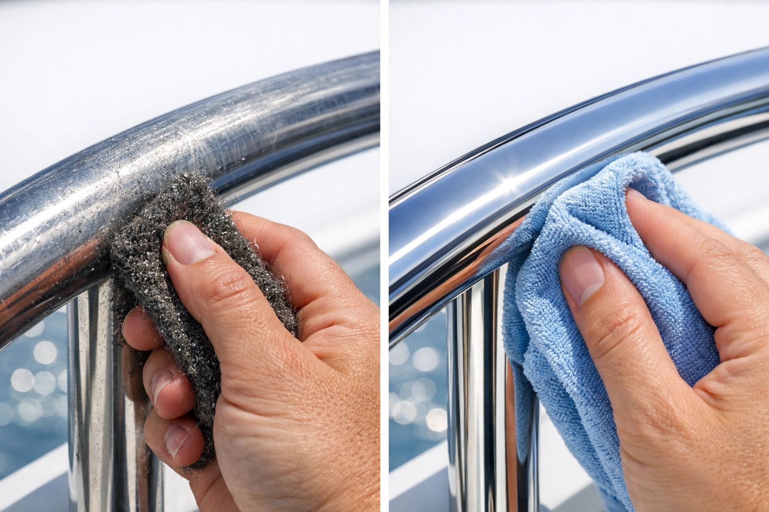 Comparison of steel wool damage vs proper microfiber cloth cleaning on stainless steel boat railing