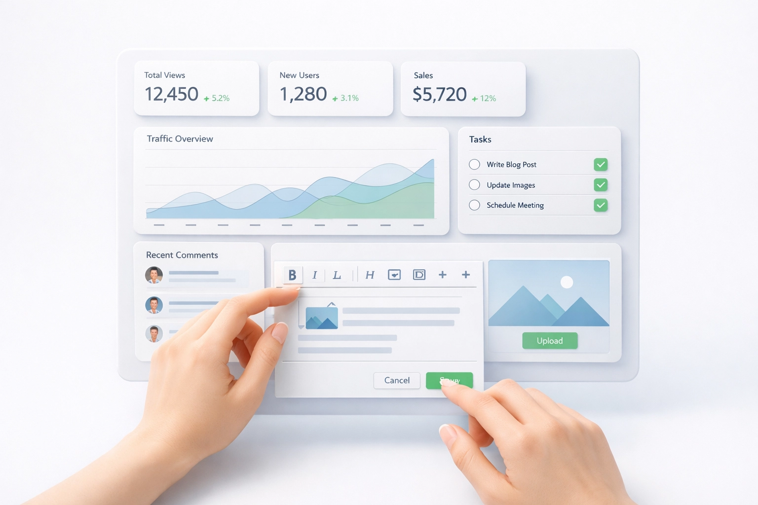 Clean website management dashboard with intuitive content editing