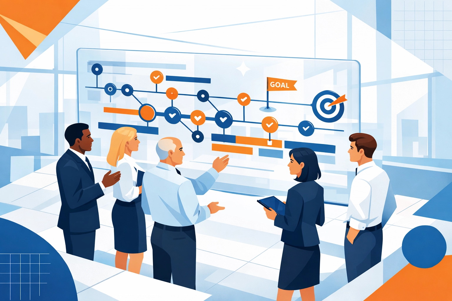 Business professionals planning bespoke software development goals and timelines