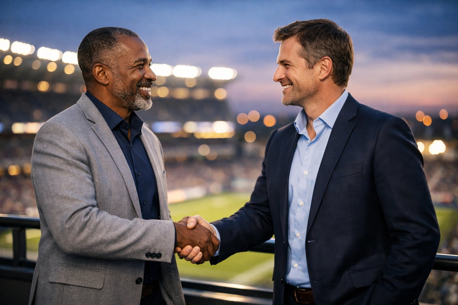 Business executives shaking hands on a stadium balcony after a successful Super Bowl corporate event.