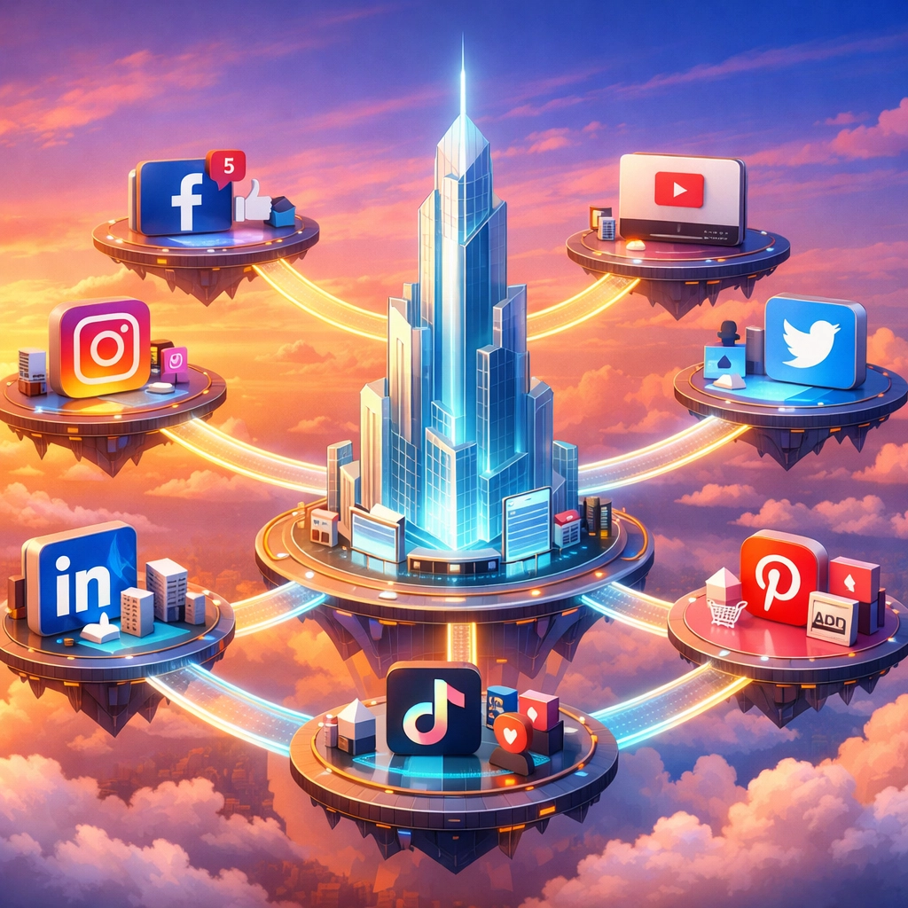 Integrated digital ecosystem showing a central website connected to social marketing platforms for industry growth.