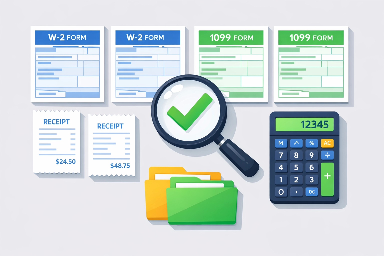 Organized tax documents including W-2 and 1099 forms for accurate filing