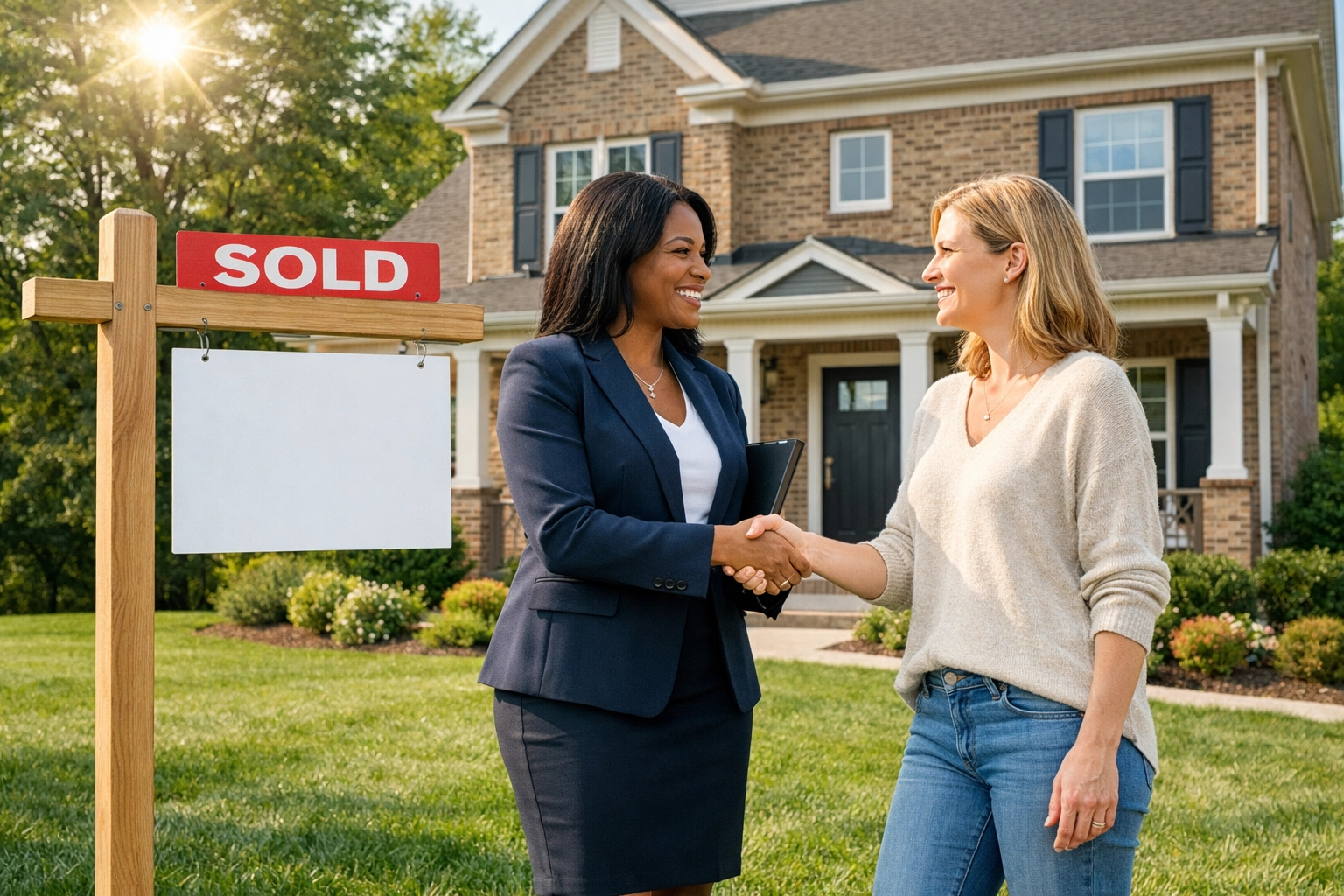 Successful real estate agent in NC Triangle shaking hands with a client by a sold sign.