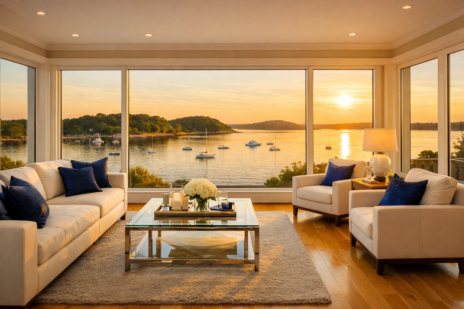 Immaculate coastal Hingham living room with harbor views and perfectly maintained hardwood floors.