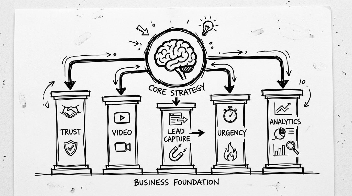 Whiteboard drawing of five pillars connected to one central brain