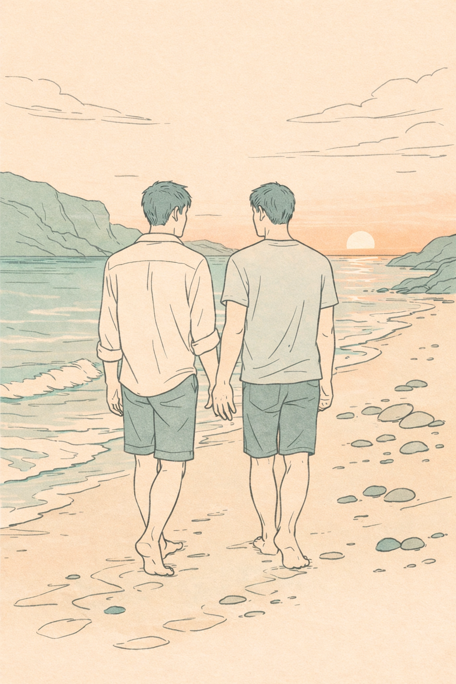 Gay couple walking barefoot on secluded Greek island beach at sunset - LGBTQ+ romance fiction