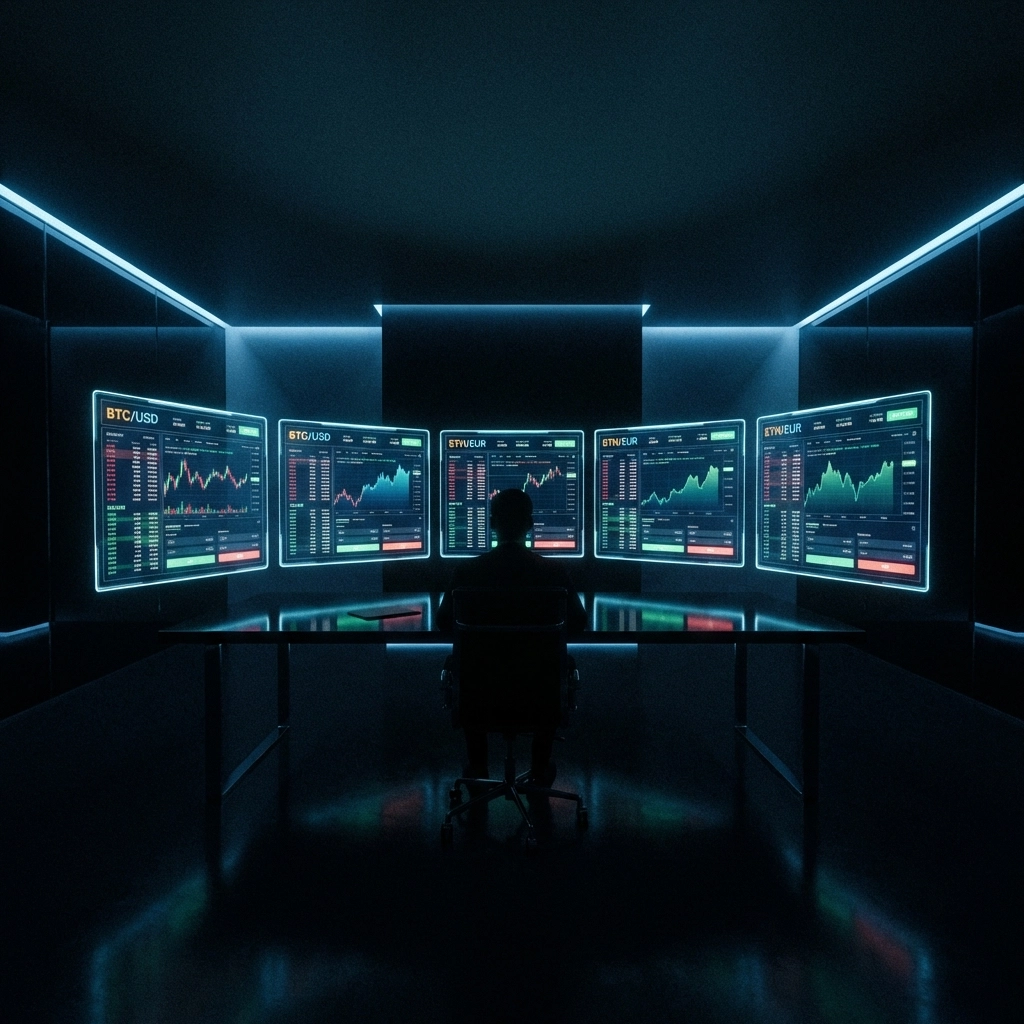 Futuristic office with several trading screens highlighting crypto funded accounts and portfolio management strategies