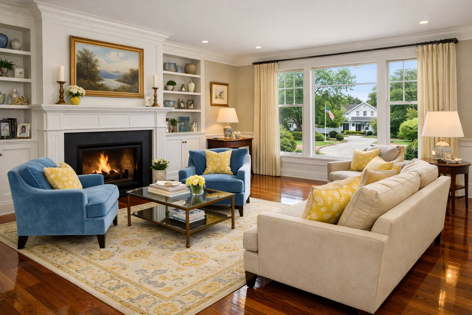 Residential cleaning Paxton MA in a bright living room with polished hardwood floors and a fireplace.
