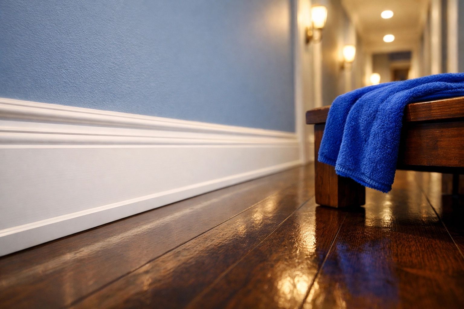 Clean white baseboards and polished hardwood floors in a Natick home after a professional deep clean.