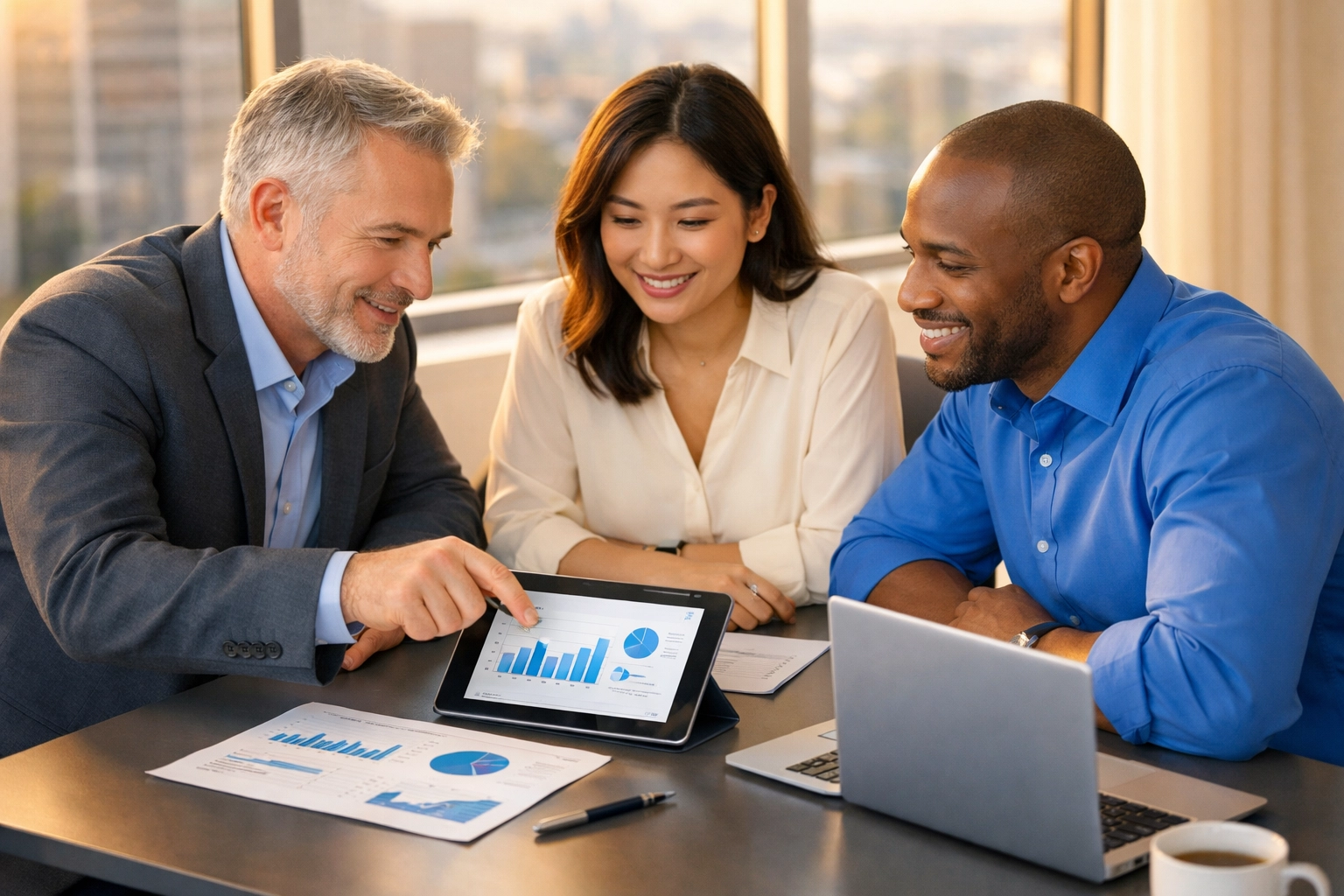Professional bookkeeping team collaborating on financial reports and business analysis