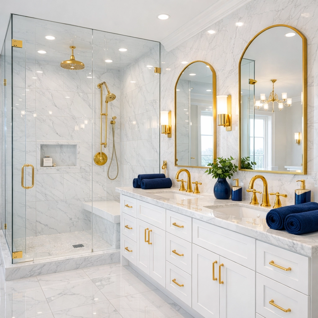 Gleaming marble bathroom with polished fixtures reflecting a high-end deep cleaning MA service finish.