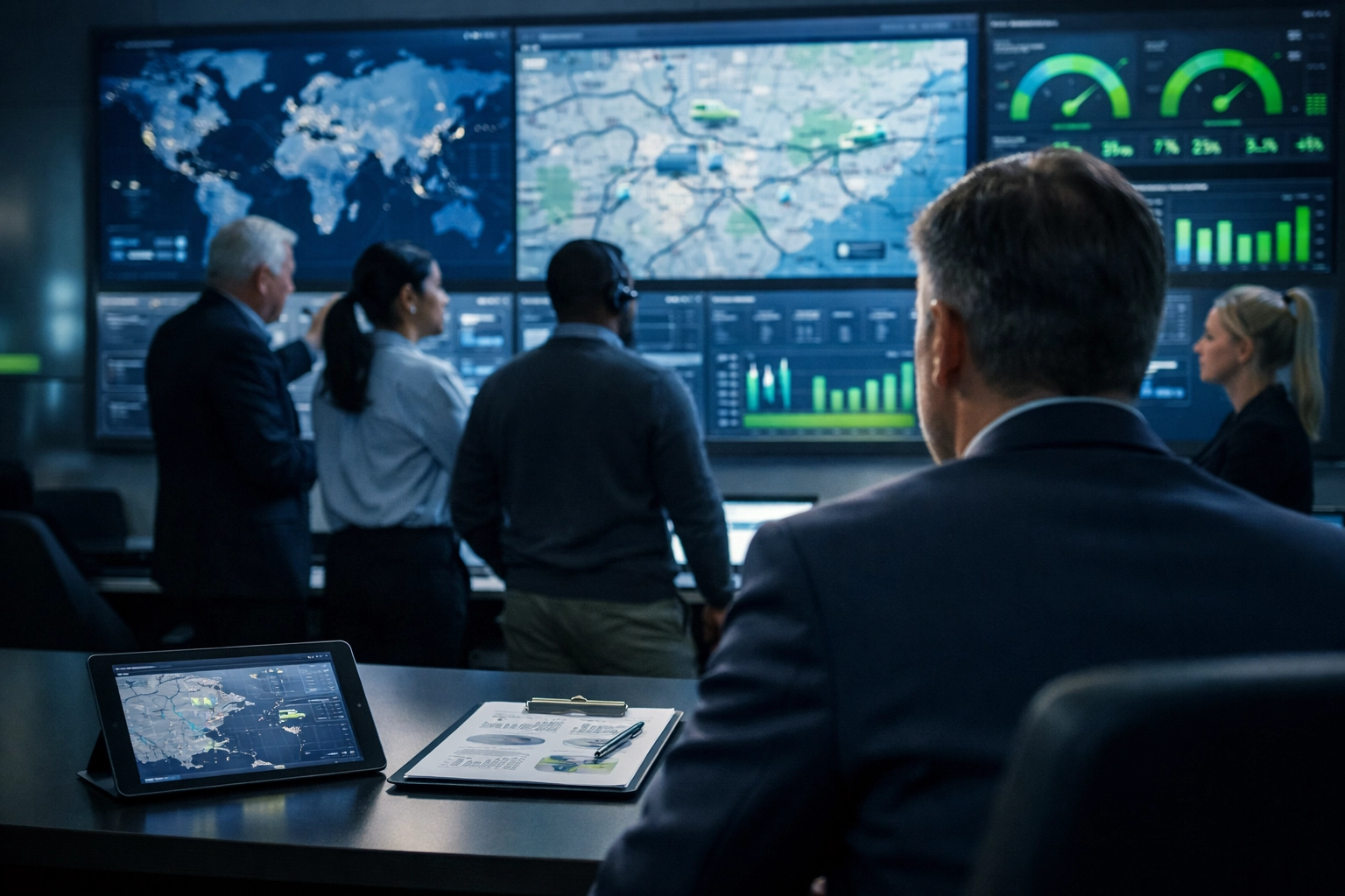 Logistics team in a control room tracking ESG metrics and operational data for measurable ROI.