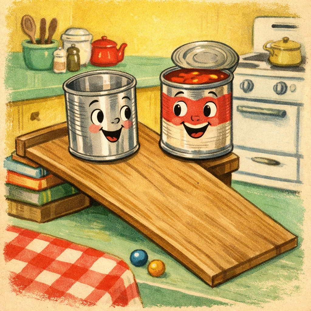 Two soup cans positioned at top of wooden ramp for rolling can race experiment demonstrating inertia