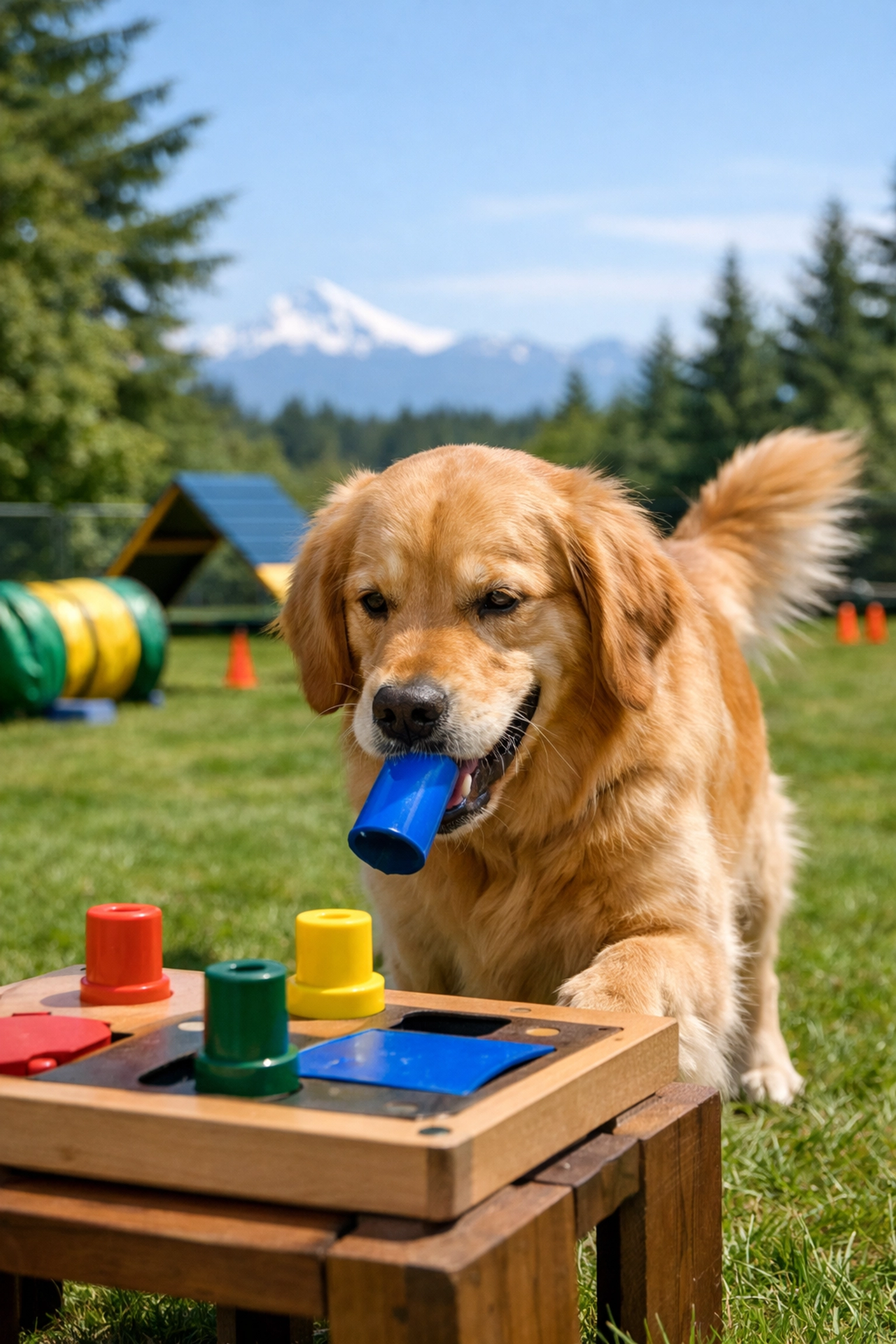 Golden Retriever completing problem-solving exercise at Oregon training facility