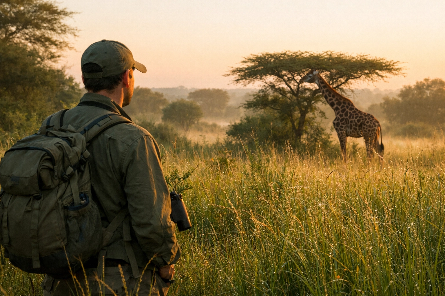 Wildlife researcher observing a giraffe at dawn, representing the human element of zoo conservation.
