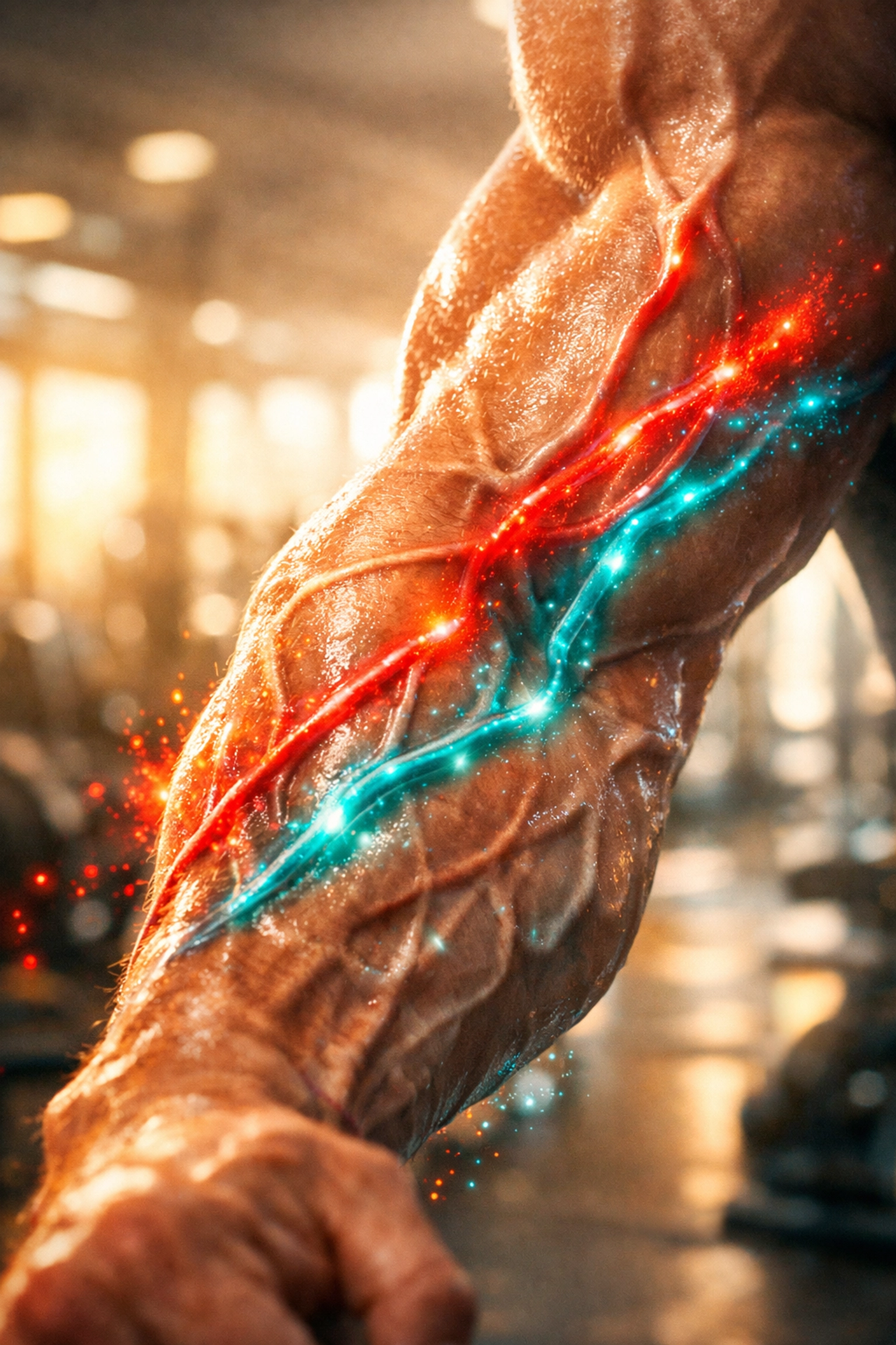 Macro photo of forearm vascularity and muscle pump effect representing metabolic stress and cellular hydration.