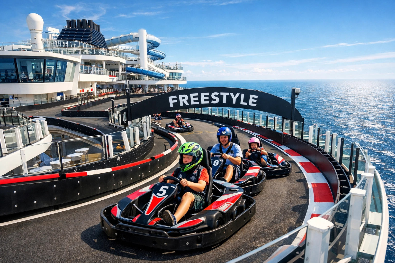Family racing go-karts on a modern Norwegian Cruise Line ship with ocean views.